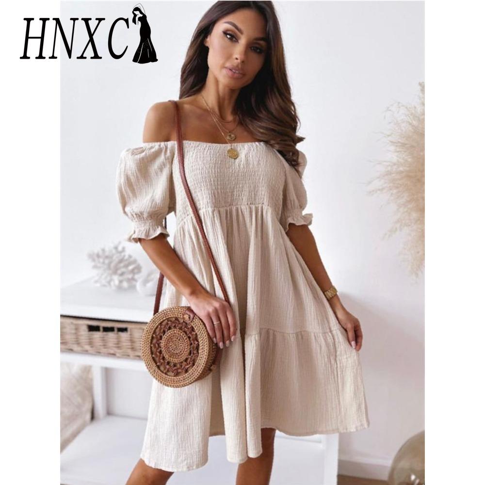

HNXC Сексуальное платье с разрезом на шее Женское Летнее Плиссированное с пышными рукавами и открытой спиной Вечерние Пляжные платья Женское Элегантное Однотонное Платье до колен XL бежевый