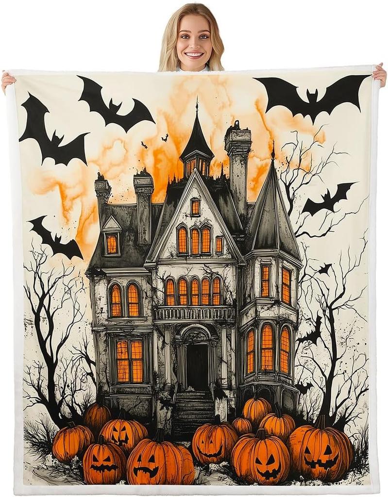 GUOYU Decke Happy Halloween Fleece-Decke Baby Kürbis Geist Feiertags Sherpa-Decke Gotische Fledermäuse Florale Pflanzen Flauschige Plüschdecke für Kinder