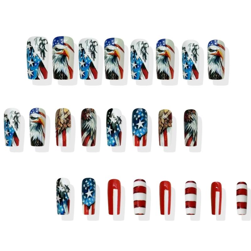Striped Press on Nail Cartoon Nail Tips 24pcs Acrylic False Nail For Independence Day Parties And Festive Event