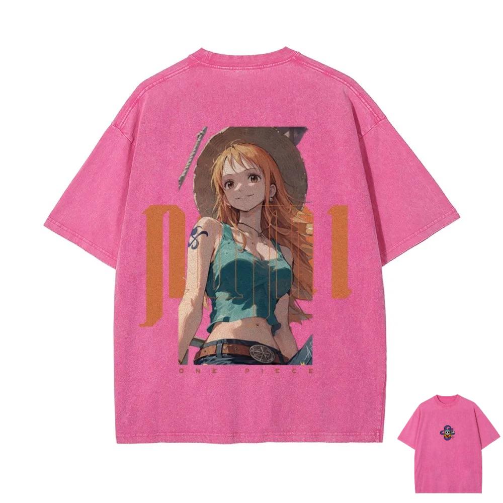 New ONE PIECE Nami Print Retro Washed Shortsleeved Beach Casual Style Harajuku Street Tshirt Summer Mens and Womens Y2k Top