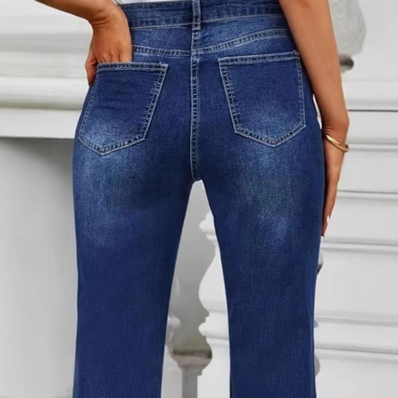 New Plus Size Fashion Trendy Stretch Jeans with Front Slit, Slim Fit Wide Leg Denim Pants for Women