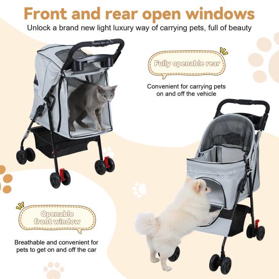 4 Wheels Pet Stroller, Foldable Cat And Dog Stroller with Mesh Windows, Cup Holder, Storage Basket, Breathable Pet Strolling Cart Holds Up To 22lbs