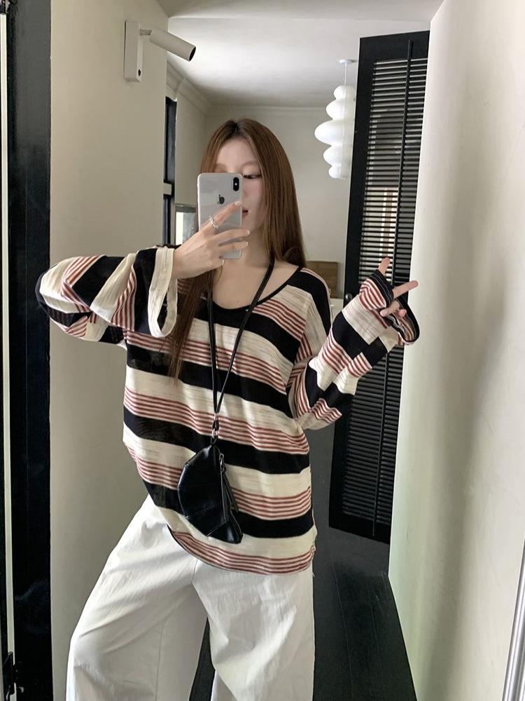 Hong Kong Retro Striped Sun Protection Loose Slimming Women's Long Sleeve T-shirt