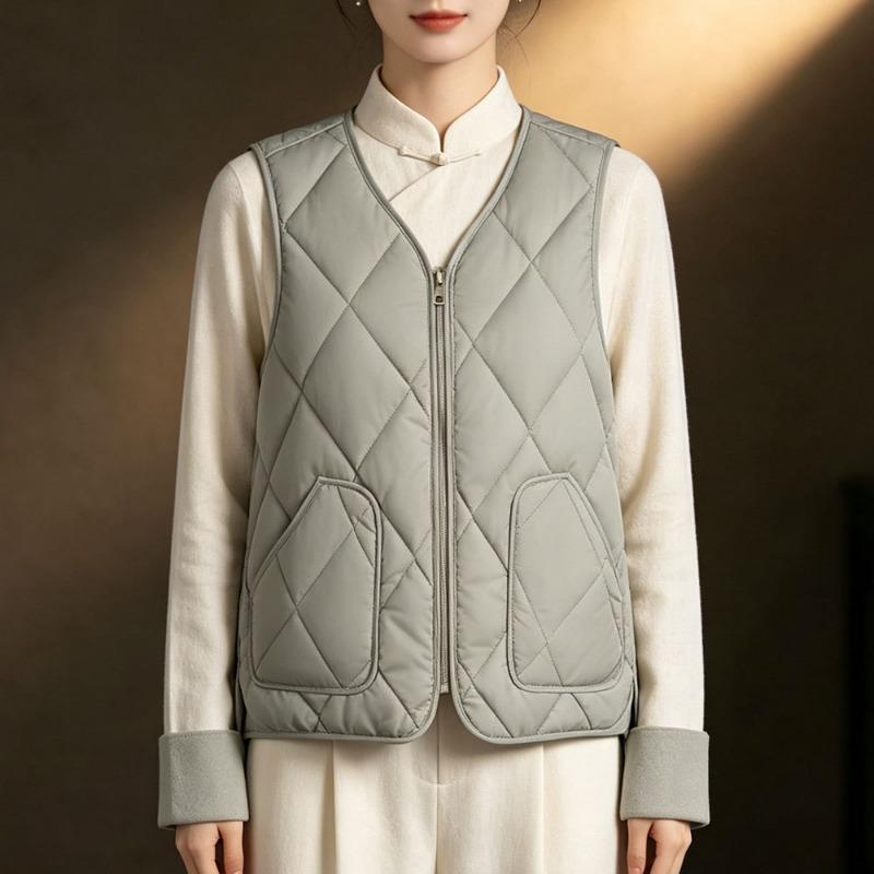 Women V Neck Fleece Lined Casual Vest Solid Color With Pockets
