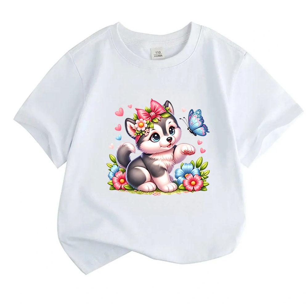 Kids Boys Girls 100% Cotton Crew Neck Short Sleeve T-Shirt, Cute Husky Puppy with Bow Flower Butterfly Print Casual Soft Summer Tee Tops for Children