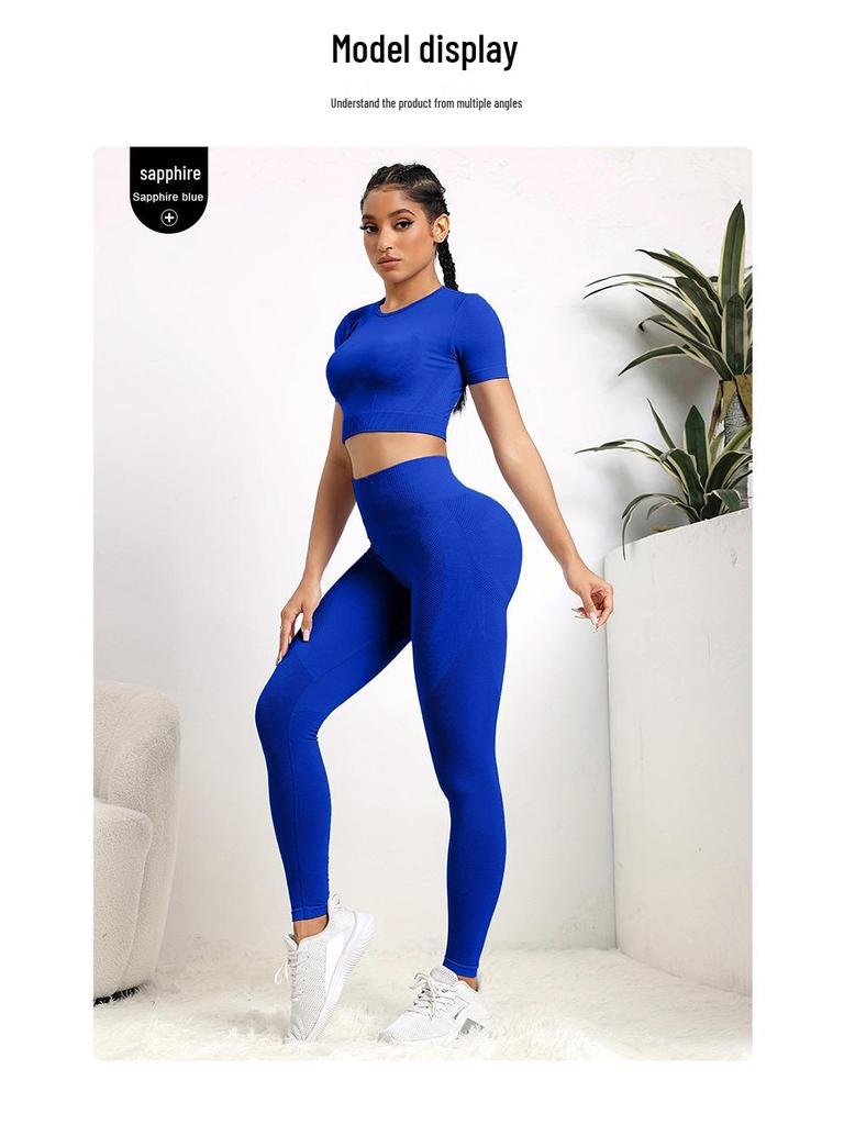 Zestaw do jogi bez szwu: Top z krótkim rękawem i legginsy podnoszące biodra dla kobiet