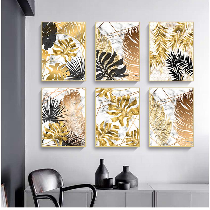 

Роскошный мраморный декор для гостиной, картина с золотыми тропическими листьями, постер, домашний декор, скандинавская картина на холсте, настенная живопись с принтом растений