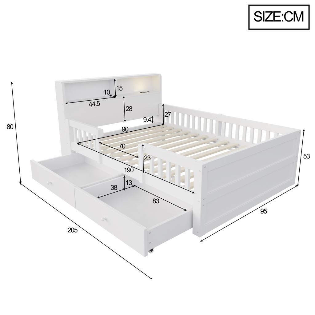 Wooden Bed 90 x 190 cm, USB and Type-C Combo Socket, LED Light, Headboard with Storage Function, Children's Bed, Multifunctional Bed, Pine Wood, White