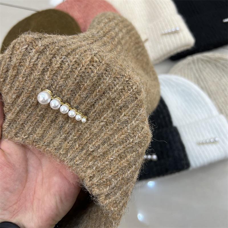 Fashion Pearl Decorative Wool Blended Wool Hat Women's Autumn and Winter Warm Simple Vertical Striped Knitted Cold Hat