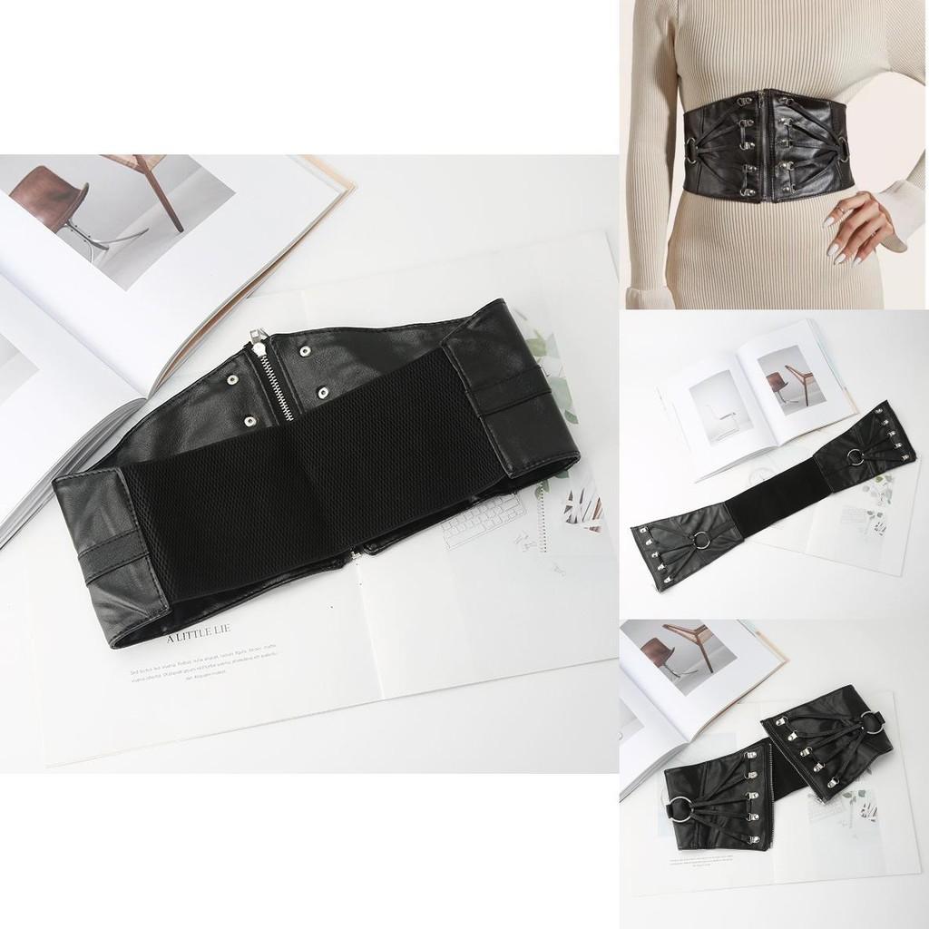 Fashion Solid Color Strap Decoration Women Casual Elastic Wide Waistband For Fashionable Office Look