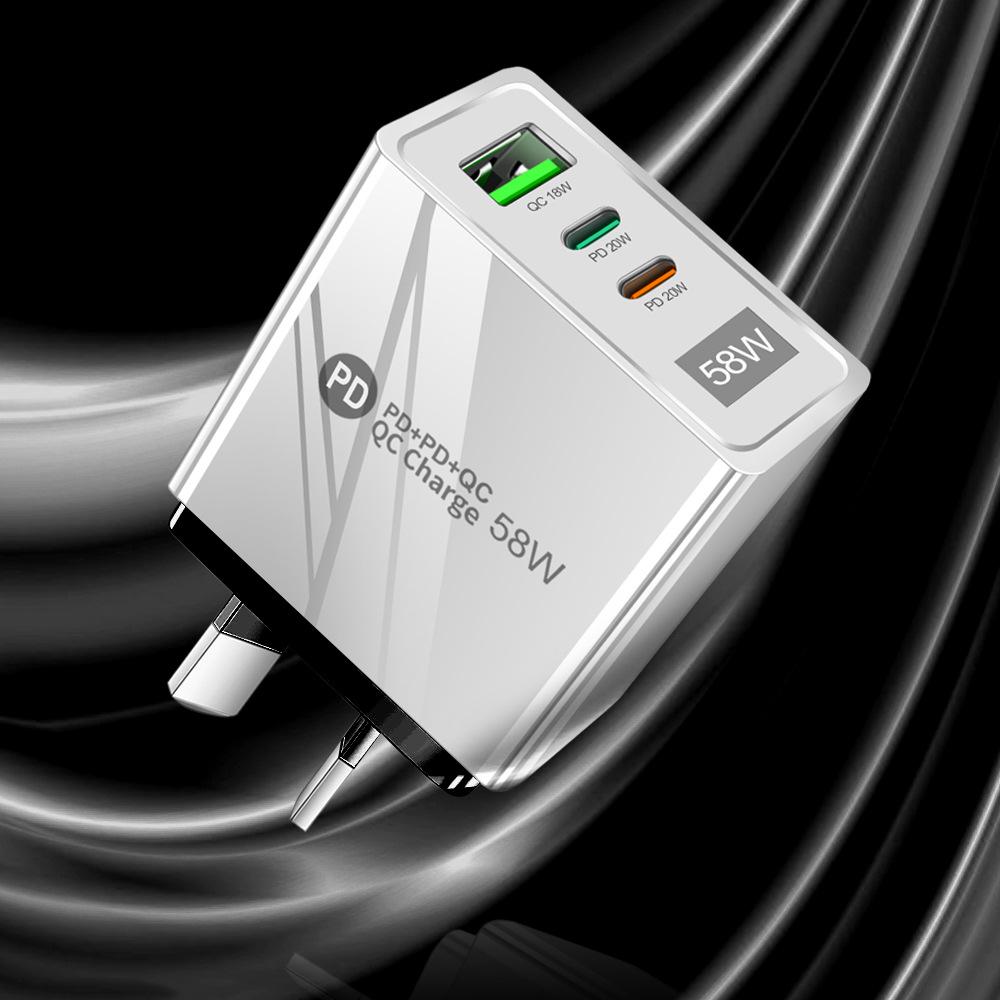 58W Dual Fast Charger with 2PD+QC3.0, Compatible with EU/US/UK Plugs.