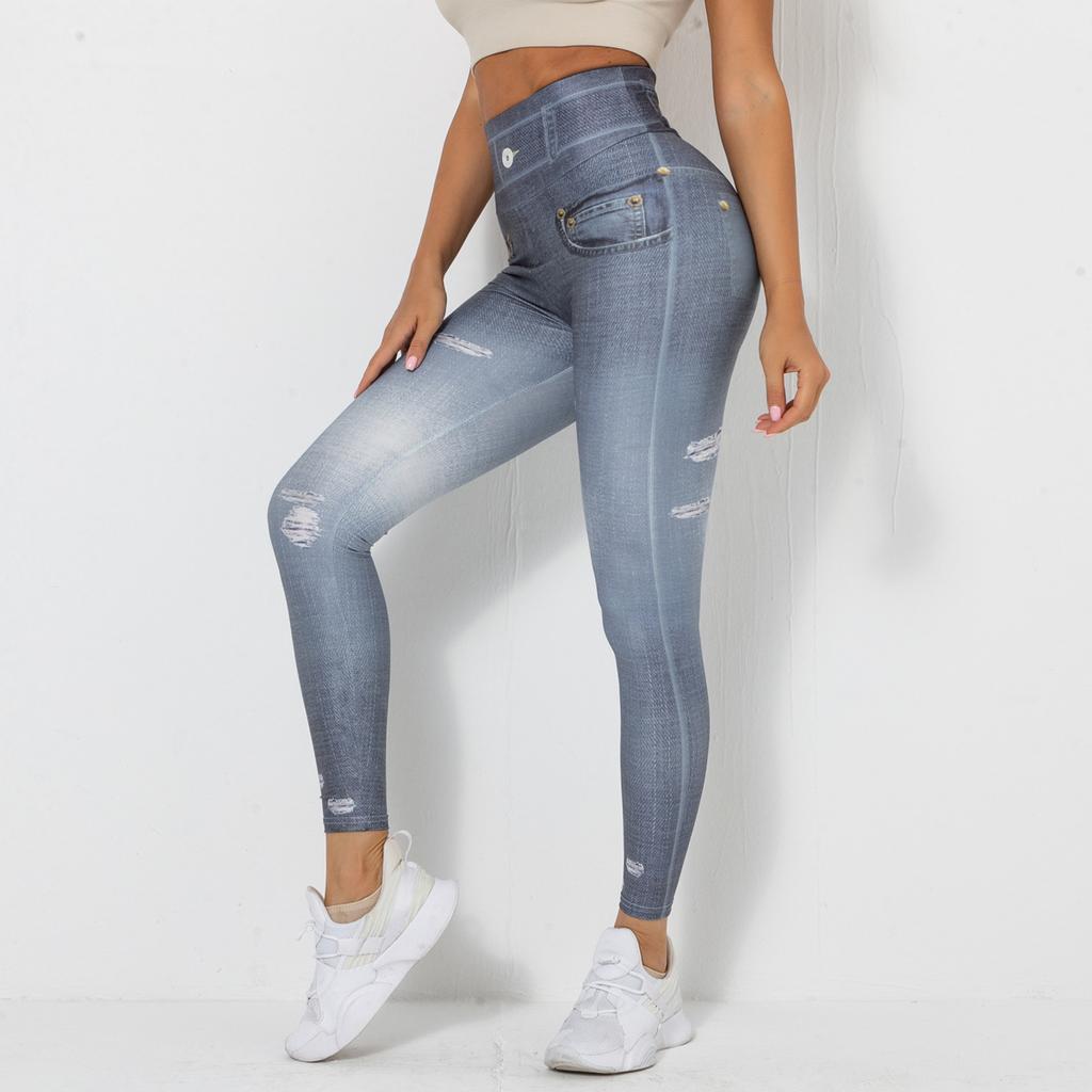 Digital bedruckte Denim-Hose in Blau, enge Höhe, schnelltrocknende Yoga-Hose, Sport-Laufhose, Fitness-Hose für Damen
