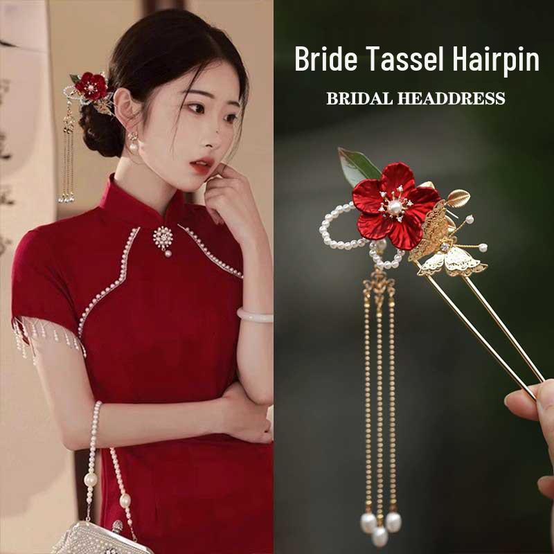 Red Camellia Tassel Hair Clips for Bridal Updo or Evening Gown