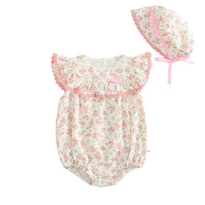 Romper Bodysuit Jumpsuit Summer Flower Floral Baby Newborn Hat Set Girls Pink 6Months [Misia Luxury] [27146-27155]