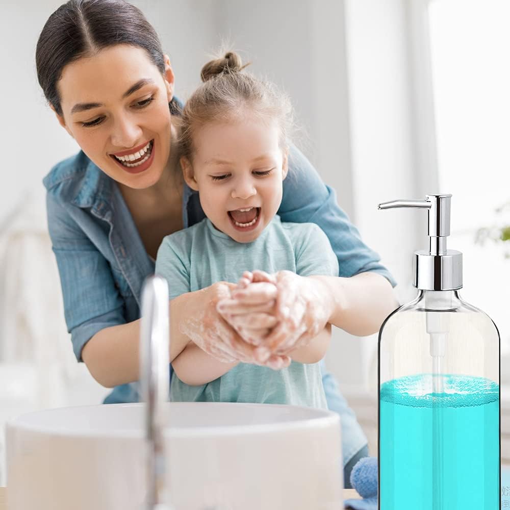 Clear Soap Dispenser with Rust Proof Pump, Waterproof Labels (2 Pack,16 Oz), Plastic Hand Soap Dish Soap Dispenser for Kitchen Bathroom