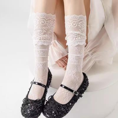 1 Pair Women's Fashion Thin Material Fishnet Socks Hollow Edge Lace Design Lace Trim Socks Comfortable Lolita Sock Spring Season