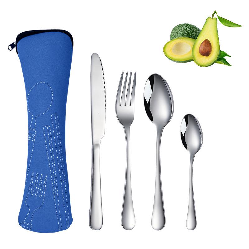 Stainless Steel Travel Cutlery Set: Knife, Fork, Spoon, Bottle Opener with Portable Storage Bag for Outdoor Camping