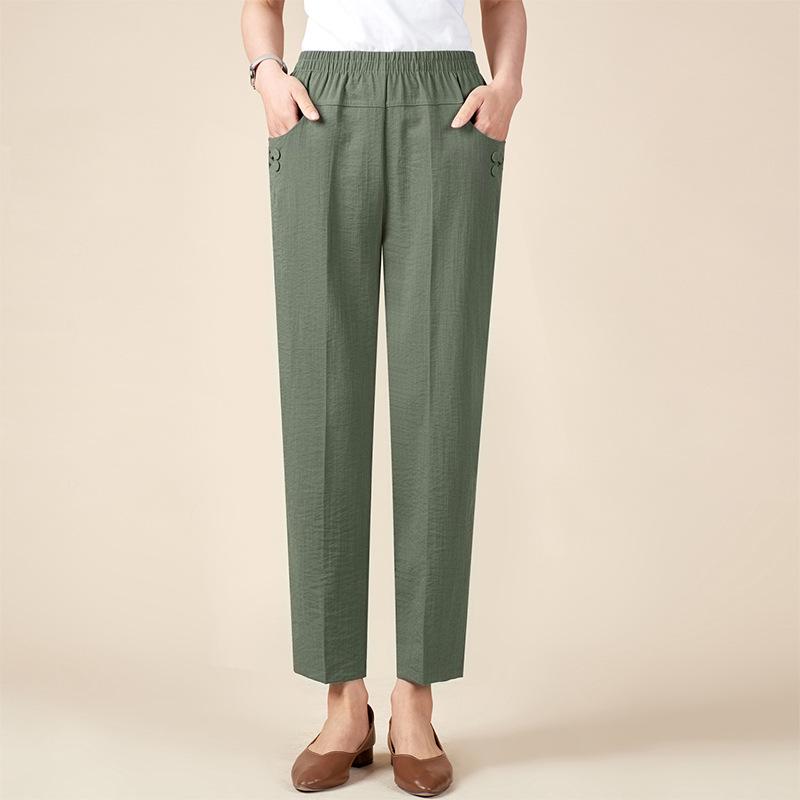 Mom s Summer Cotton Linen Loose Nine-Point Pants - Casual for Middle-Aged & Elderly Women XL (80-100 jin) зелёный