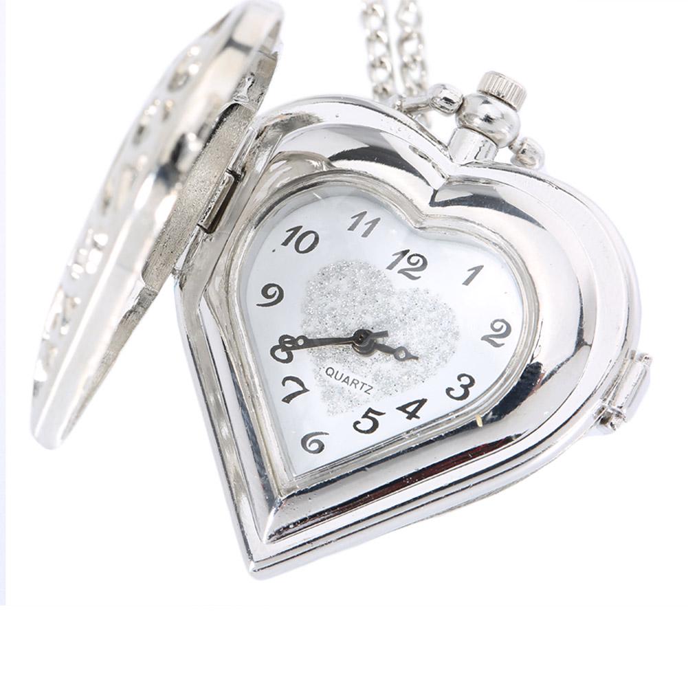 Silver Heart Hollow Openwork Pocket Watch with Diamonds Vintage Design Antique Style Pendant Necklace for Women Birthday Gift
