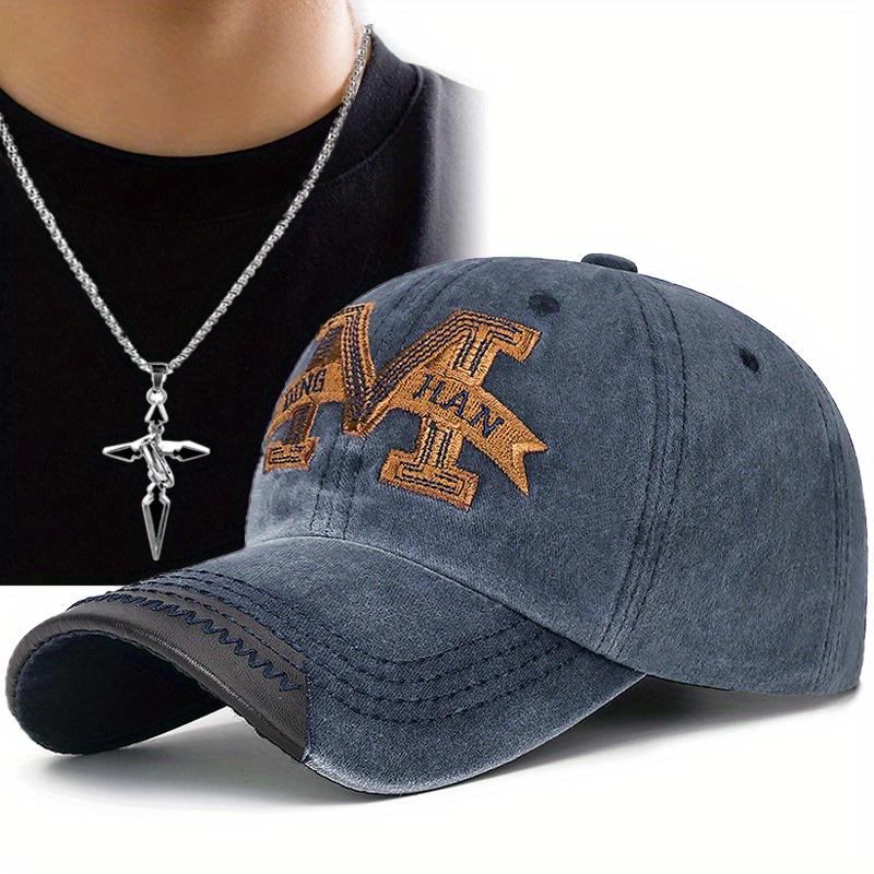 2pcs Men's Women's Baseball Cap Necklace Set Hundred Cross Pendant Necklace Washed Embroidery Fashion Couple Sports Sun Hat