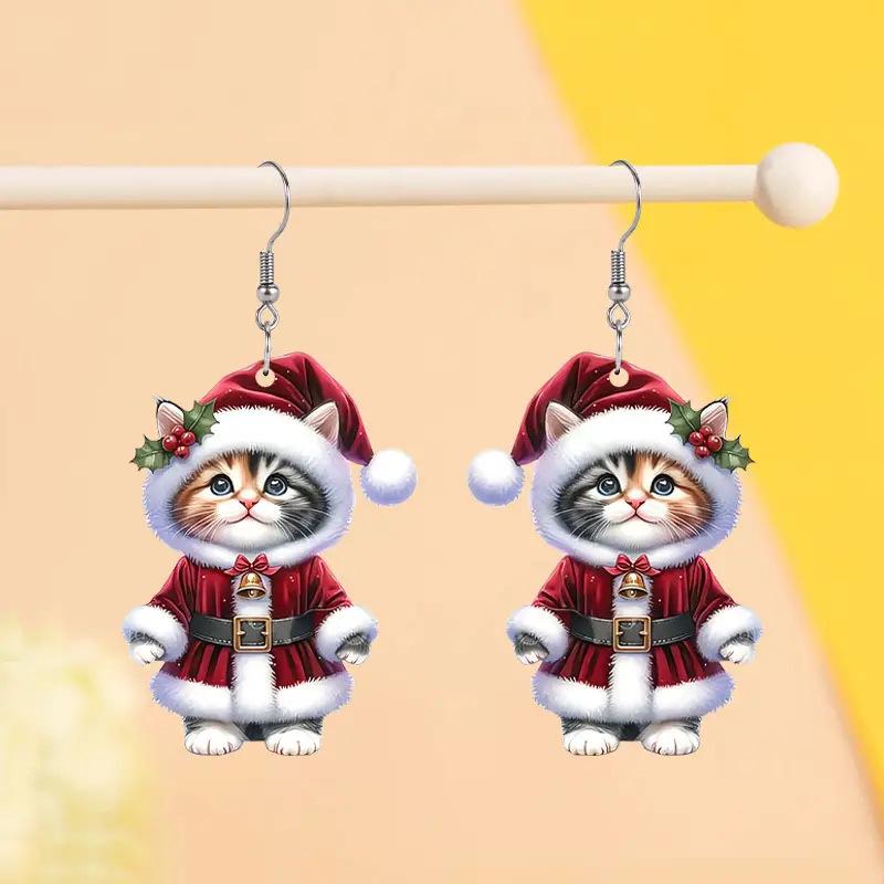 Adorable Christmas Kitten Acrylic Earrings - 2024 Retro Style