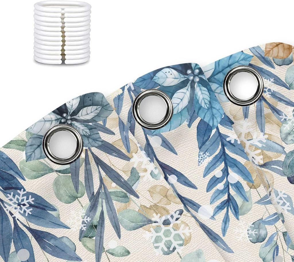 Winter Christmas Shower Curtain,Holiday Blue Snowman Bath Curtain Xmas Gift,Eucalyptus Leaf Flower Floral Bathroom Accessories