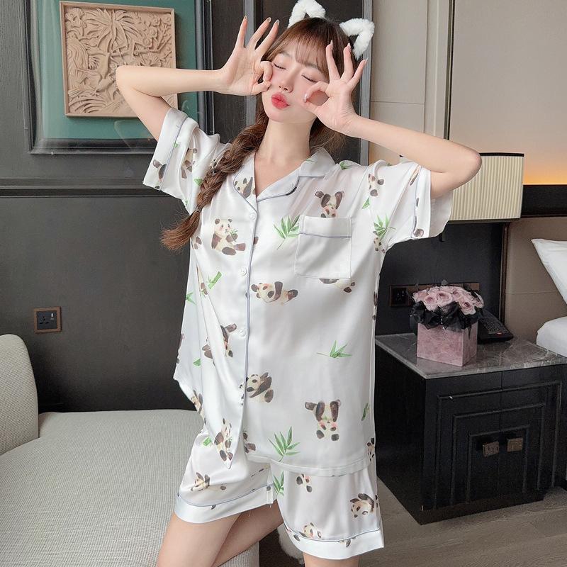 High-End Cartoon Animal Print Loungewear Fashion Lapel Design Ice Silk Two-Piece Set