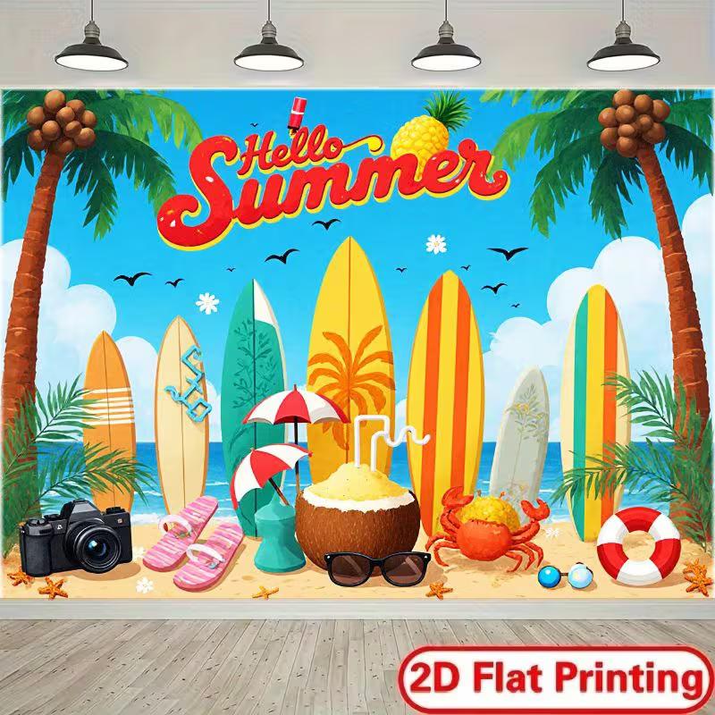 2D Hello Summer Photography Backdrop Beach Surfboard Background 47.2x31.5inch/120*80cm