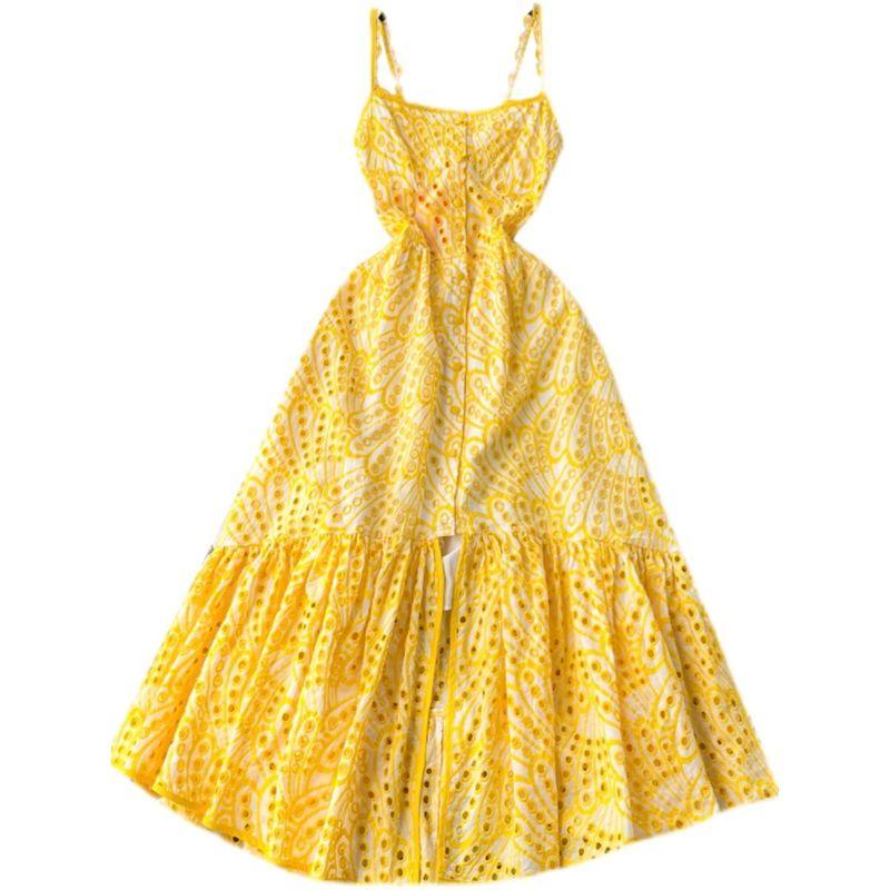 Seaside Vacation Style Printing Slip Dress Women's Summer Cut Out Split Stylish Niche Style Chic Fairy Long Dress