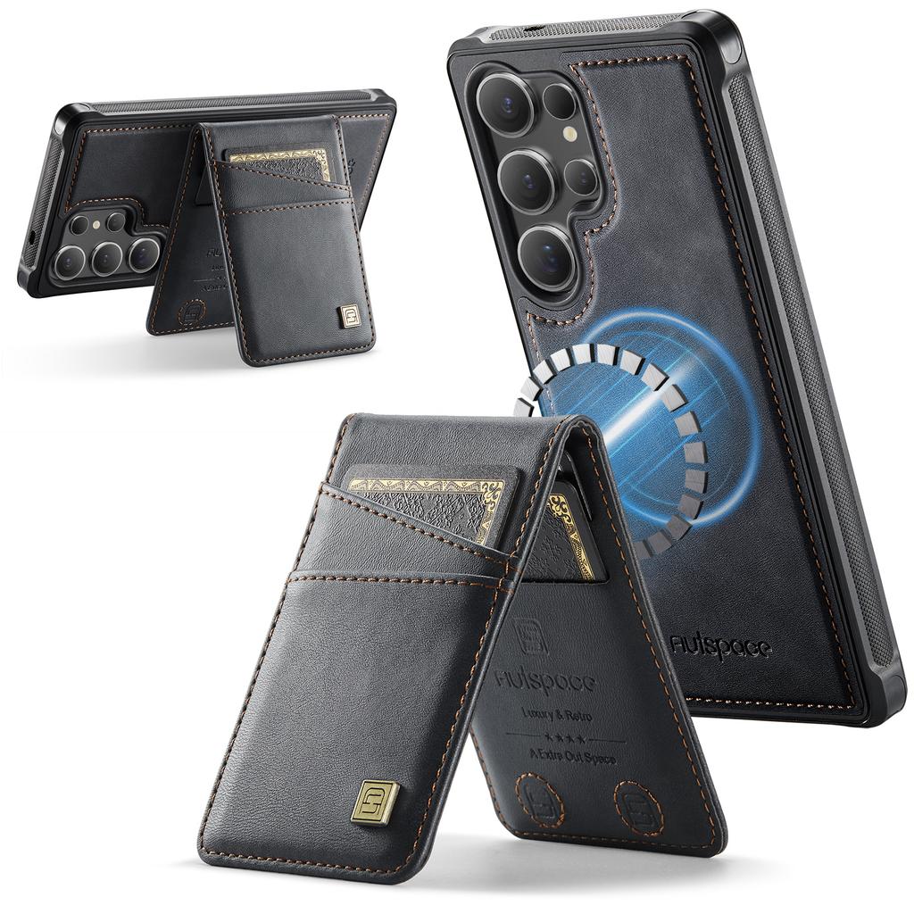 For Samsung Galaxy S25 Ultra Case AUTSPACE A12 Leather Back Cover with Magnetic Detachable Card Bag Kickstand