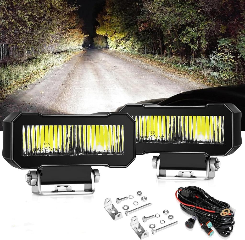 KAWELL 20W Fog Lights for Mini Rectangular Work Single Row Auxiliary LED Work IP68 Set of Connector Cable Included Motorcycles, Bezel-less Lights,