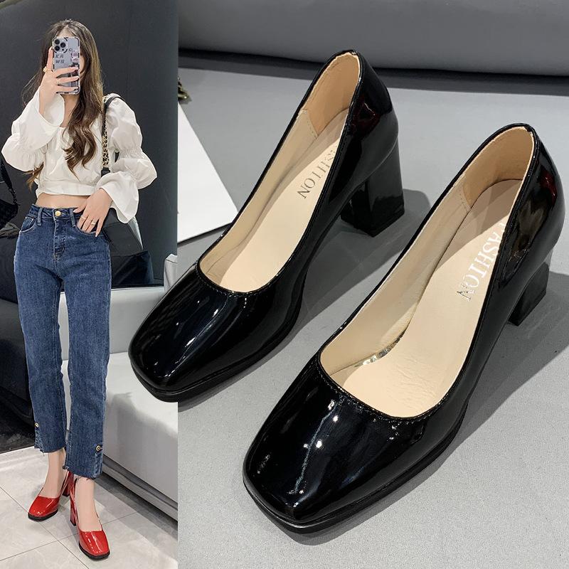 Women's Leather Shoes High Heels Elegant Thick Heel Square Toe Slip-on Shoes
