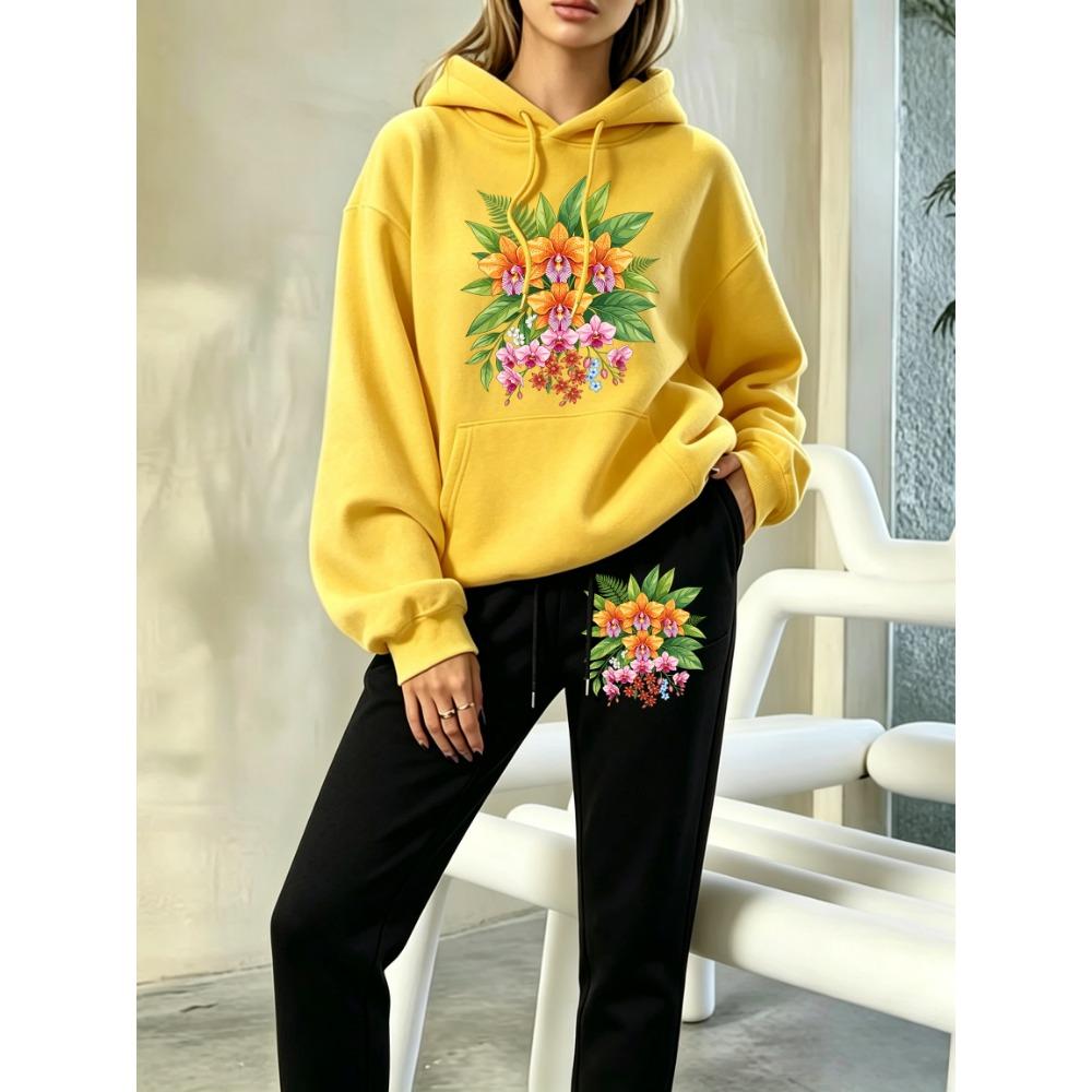 Beautiful Bouquet With Green Leaves Print Y2K Women'S Hoodies Autumn Hoodie Set Casual Jogging