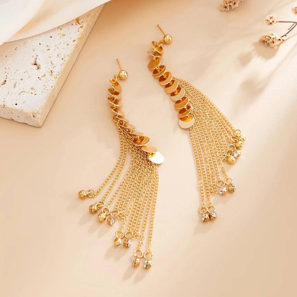 SHIXIN New Elegant Sequin Long Tassel Drop Earrings for Women Sexy Vintage Alloy Round Pendant Earrings Daily Wear Jewelry Gifts