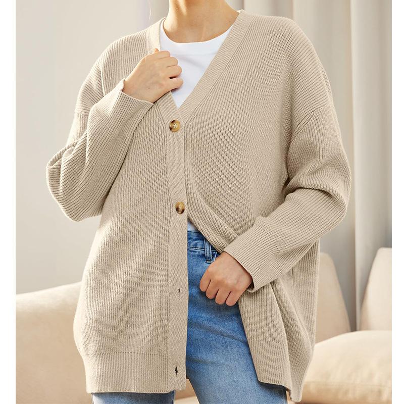 Women's Simple Versatile Knit Button V-Neck Solid Colour Sweater