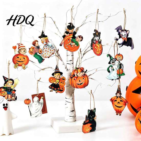 Retro Cartoon Style Party Favors Halloween Wooden Pendants with Lanyard Vintage Hanging Ornaments Pumpkin Ghost Black Bulk Decorations for Events Cat