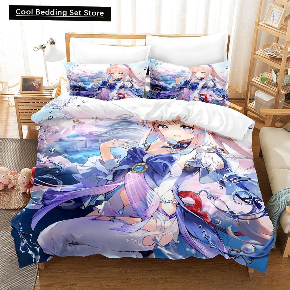 Genshin Impact Sangonomiya Kokomi Bedding Set Cartoon Anime Three-piece Set Adult Kid Bedroom Duvet Cover Sets 3D Kawaii Girls