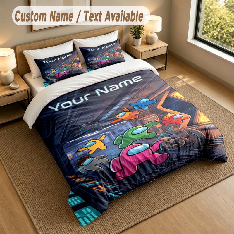 Custom Name Text Bedding 3Pcs Set,Among Us 1 Duvet Cover 2 Pillowcases Soft Bed Linen For Gift
