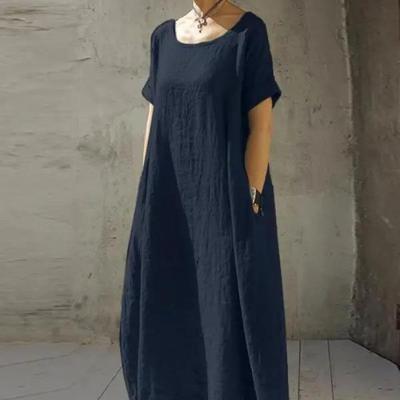 Women's Summer Long Dress O Neck Short Sleeves Maxi Dress Loose Solid Color Cotton Linen Dress