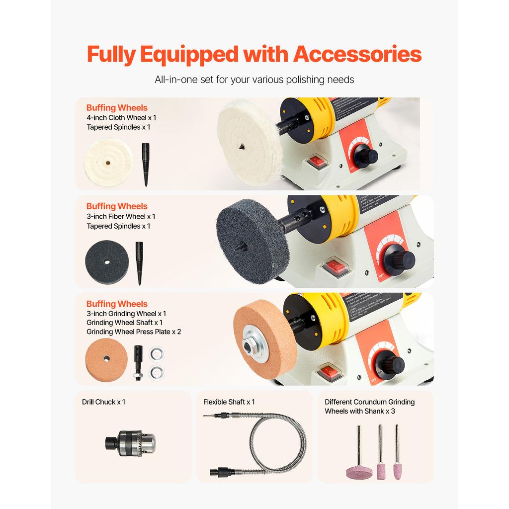 SucceBuy Bench Buffer Polisher 1/2HP 0 to 8000RPM with 4"Cloth Wheel 3"Grinding Wheel 3"Fiber Wheel for Metal Jewelry Plastic