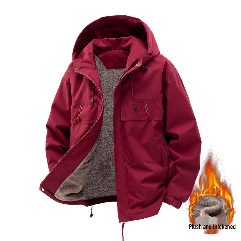 High-Quality Men's Hooded Workwear Jacket - Unisex Solid Color, Plus Velvet for Autumn & Winter