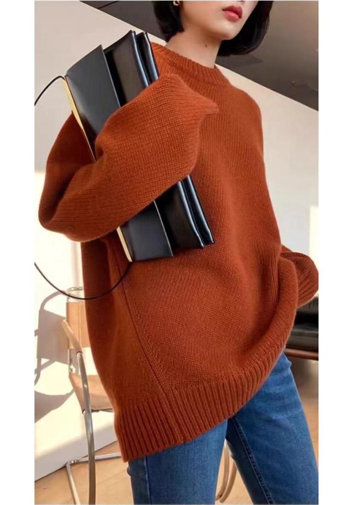 Women's 100% Wool Thick Loose Round Neck Plus Size Knit Sweater