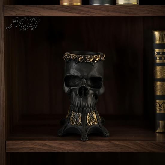 Retro Skull Ornament Gothic Vase, Spooky Resin Head Statue, Halloween Table Centerpiece Home Decor Flower Vessel for Shelf Mantel Decorative