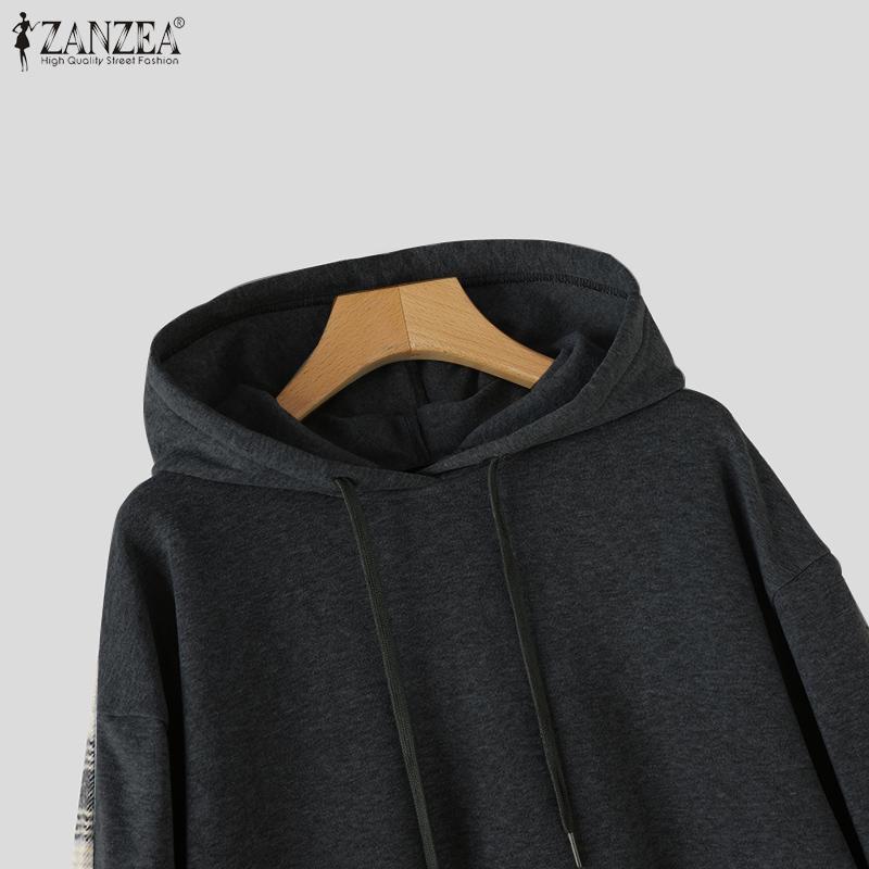 ZANZEA Women Casual Grid Print Patchwork Loose Long Sleeve Hoodies Pullover