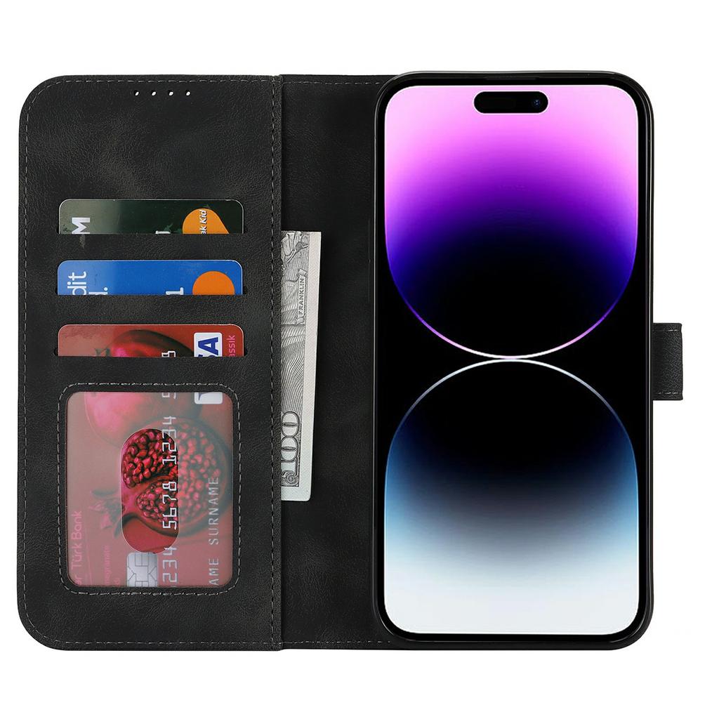 For iPhone 14 Pro Max Wallet Case Double Folded Edge Skin Touch PU Leather Flip Phone Cover