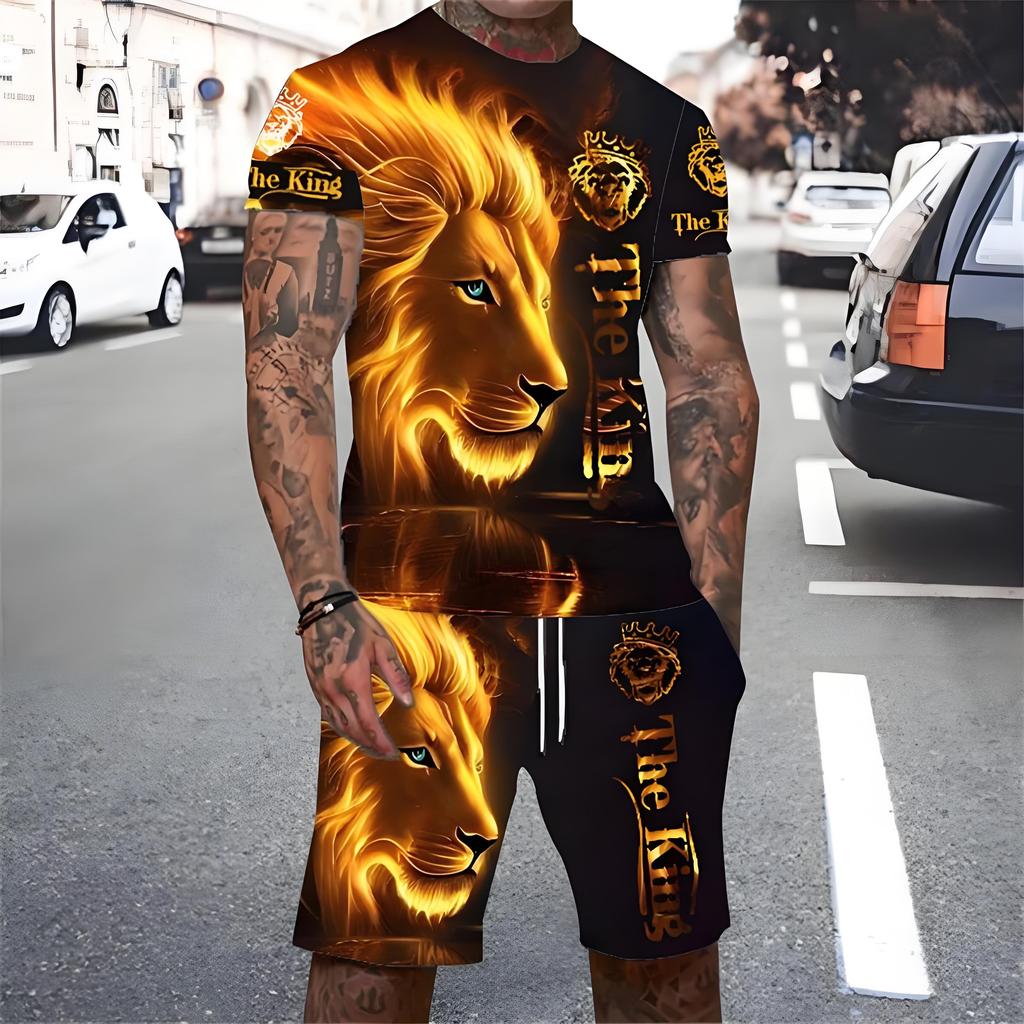 Trendy Lion Graphic Short Sleeve Top Drawstring Shorts Set Summer T-shirt Pocket Shorts 2-piece Set Oversized Men's Clothing