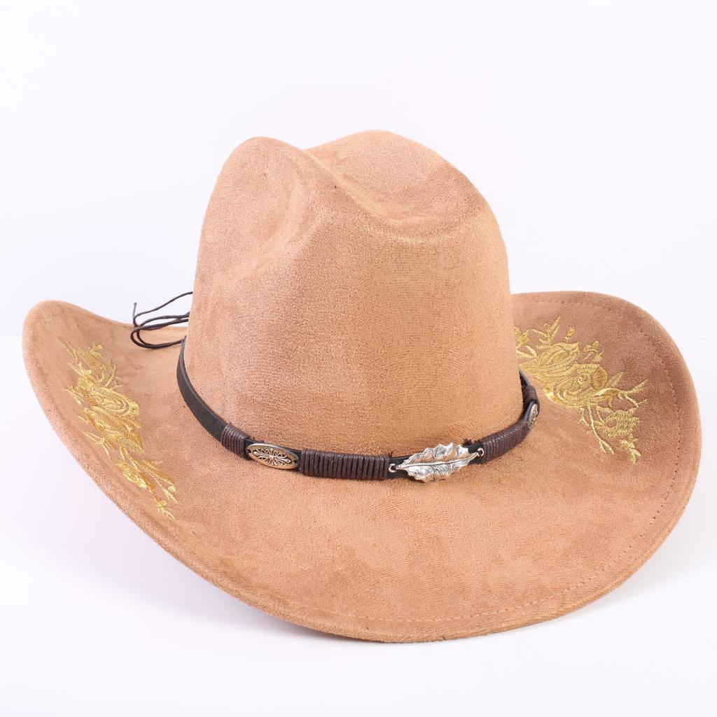 Beliebter europäischer und amerikanischer klassischer Wildleder Western Cowboyhut für Herren und Damen, großer Schirm, bestickt, Outdoor-Sonnenhut