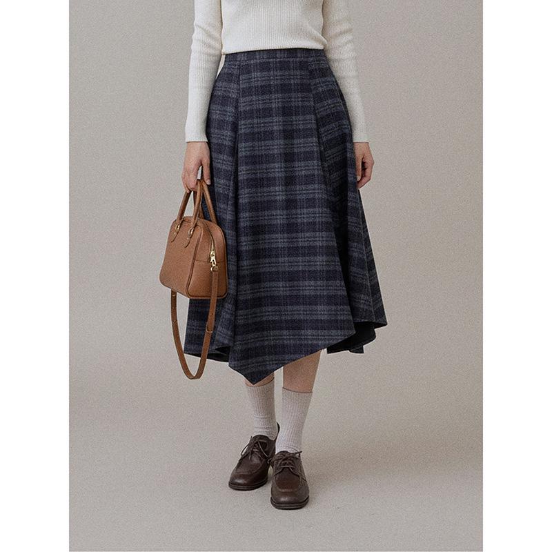 Ge Ming French Retro Plaid Irregular A-line Midi Skirt - Women's Winter High-Waist Skirt S3042F