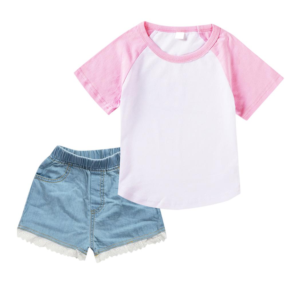 Girls' Raglan Set , Short Sleeve Top & Denim Shorts