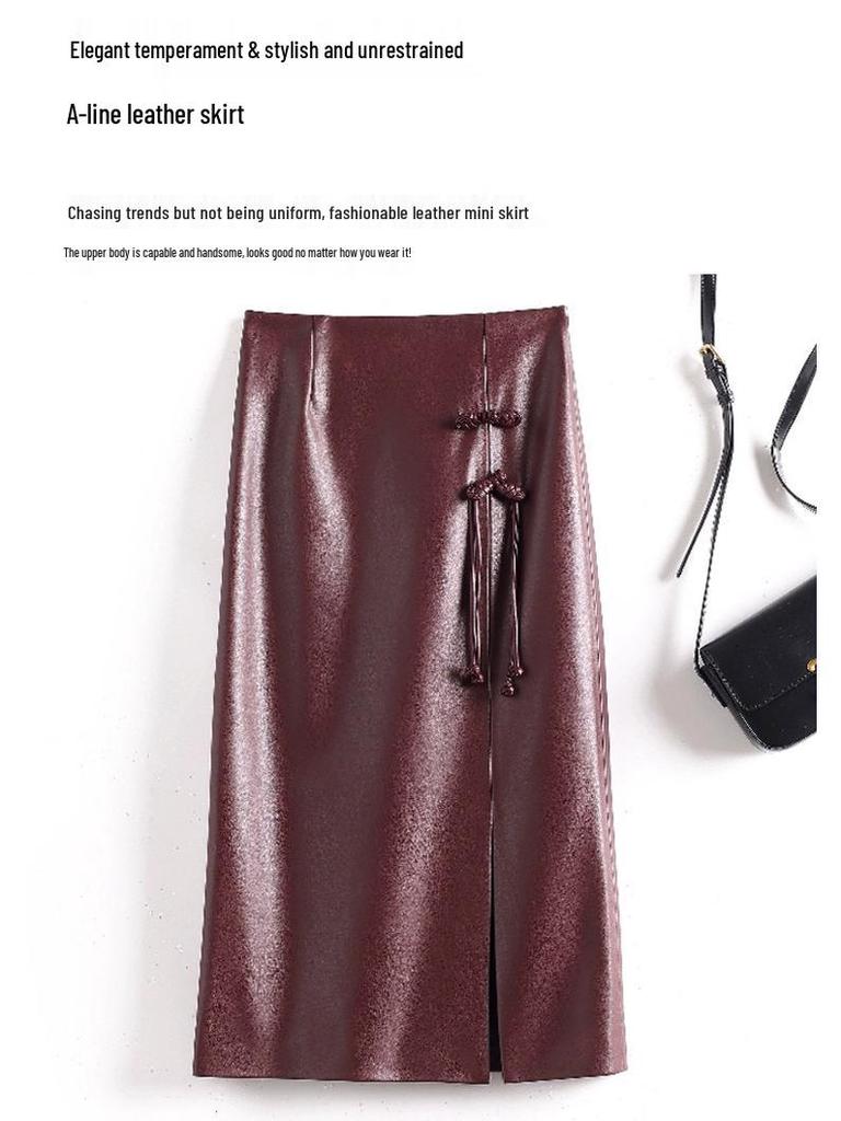 Women's Retro High-Waist Leather Pencil Skirt with Frog Buttons